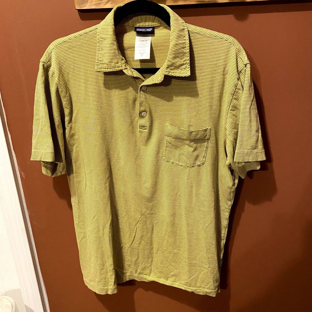 GUC PATAGONIA YELLOW AND GRAY STRIPED POLO SHIRT MENS MEDIUM